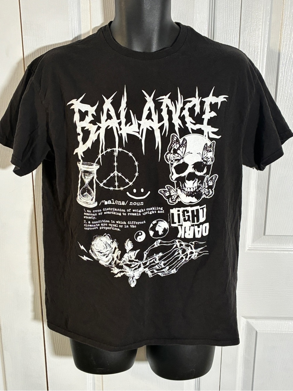 DOM Balance Skull Butterfly Graphic Tee | Black | Size L | Gothic Y2K Streetwear